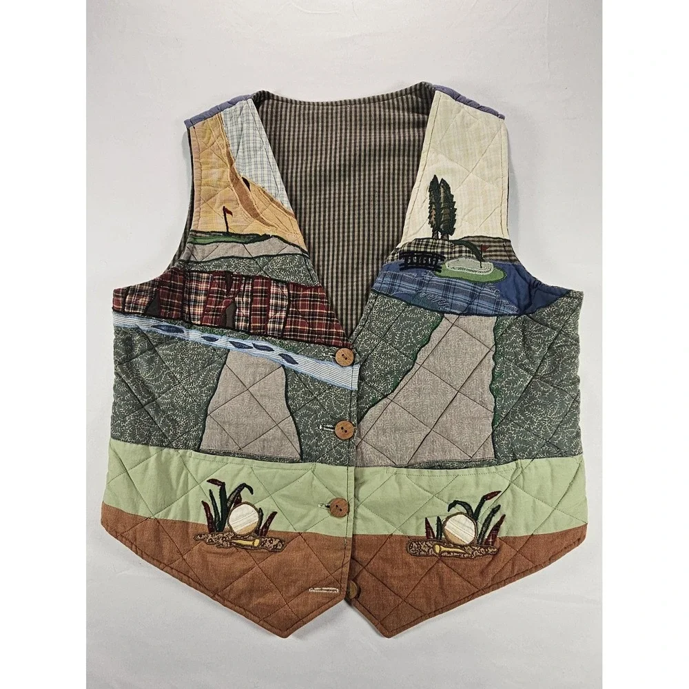 Vintage Unmarked Reversible Quilted‎ Golf Vest Gingham Plaid Wooden Buttons